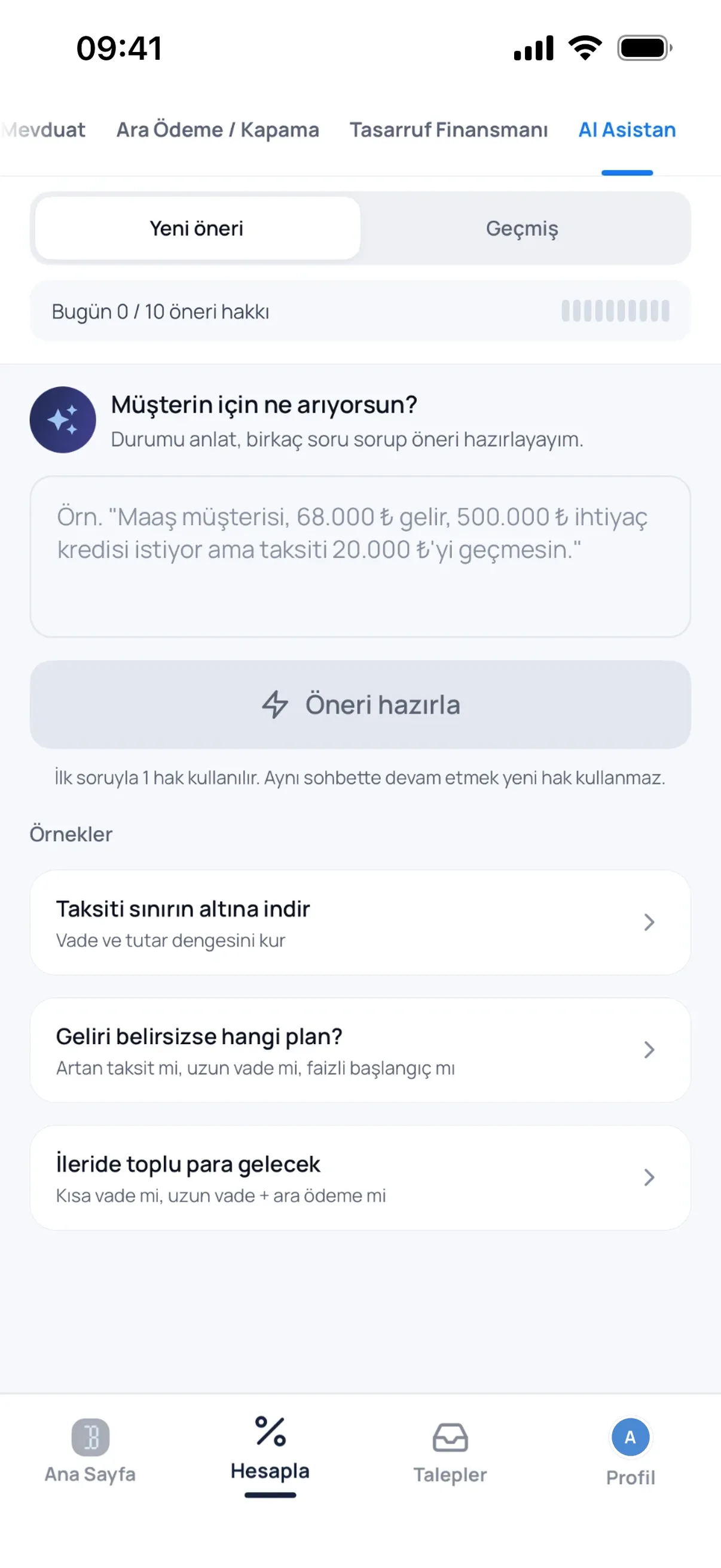 Bankacı uygulamasında AI Asistan ekranı