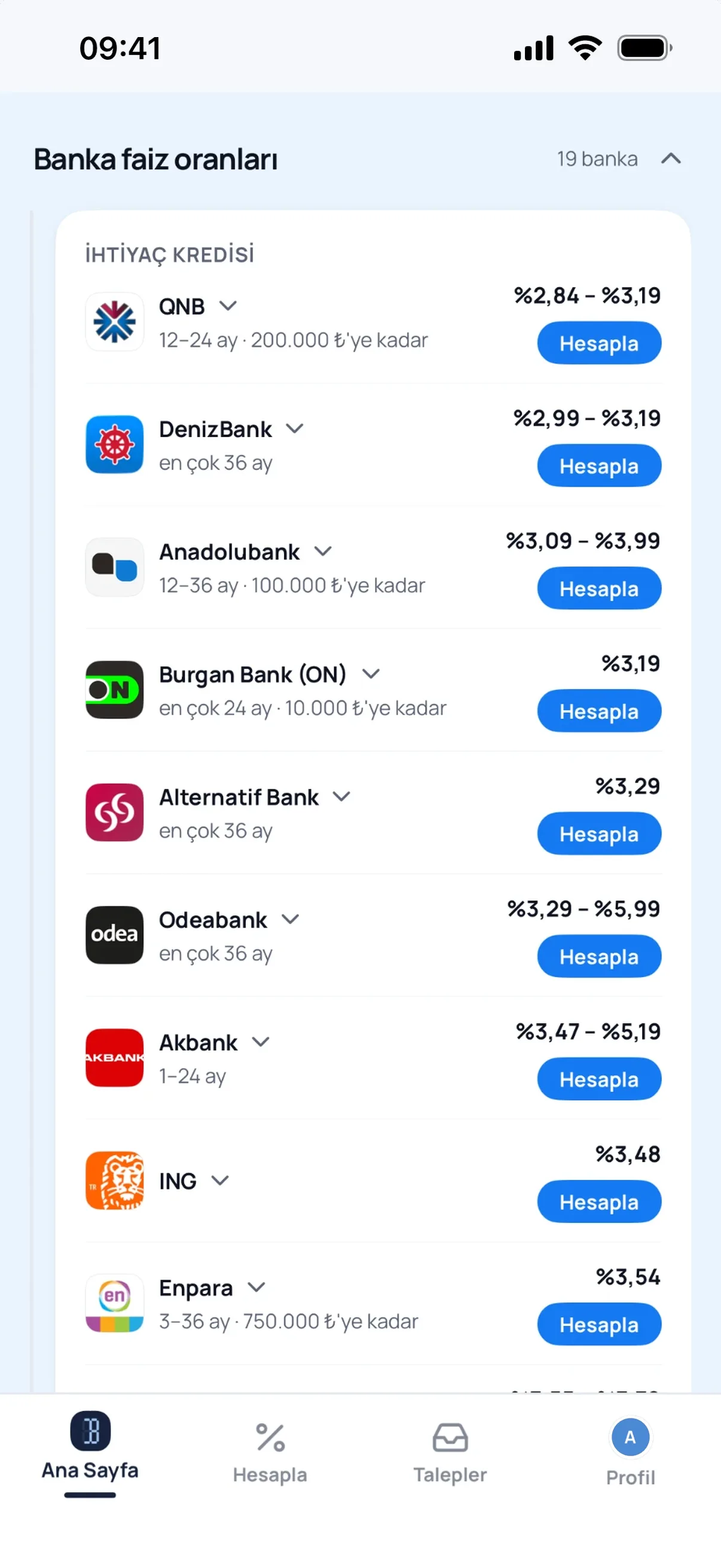 Bankacı uygulamasında Banka faiz oranları ekranı