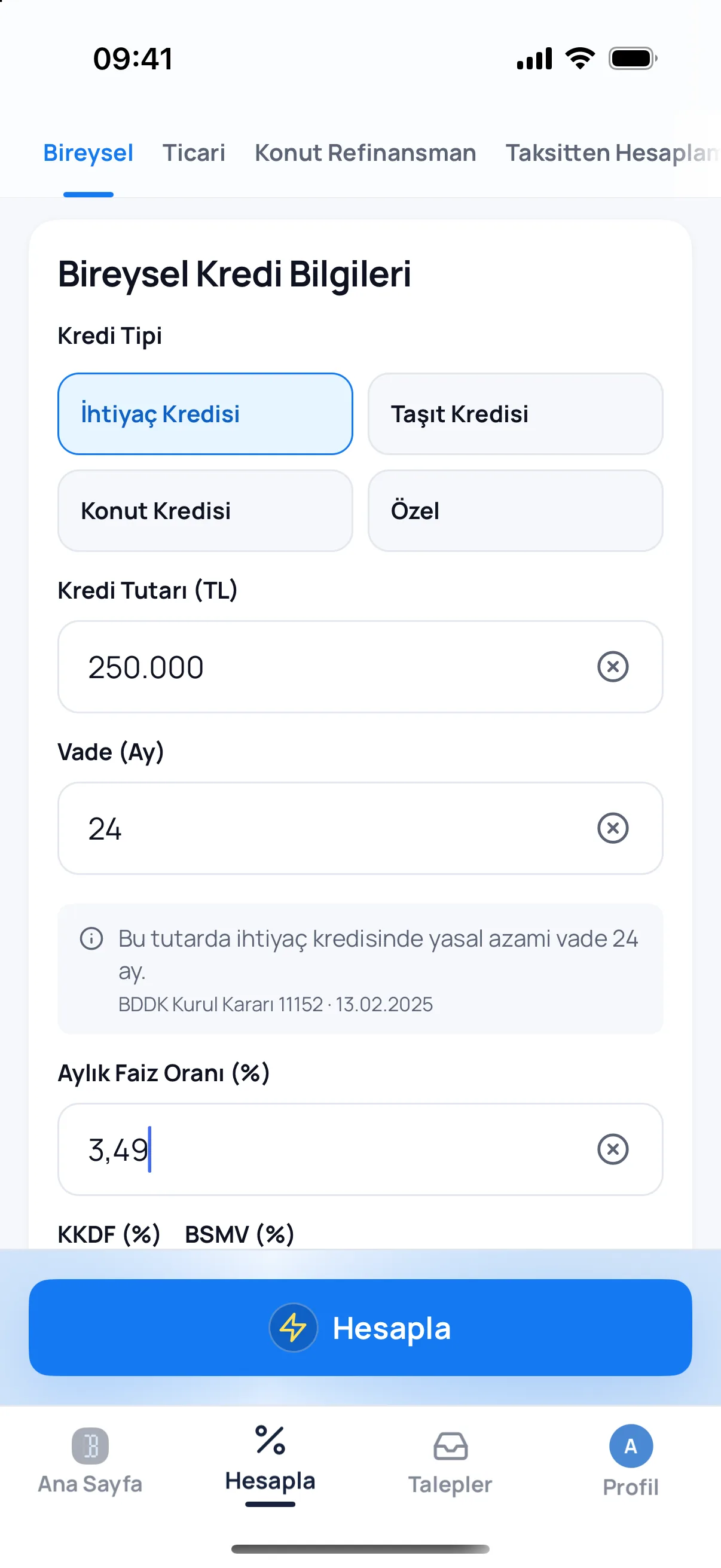 Bankacı uygulamasında Bireysel / Ticari kredi ekranı