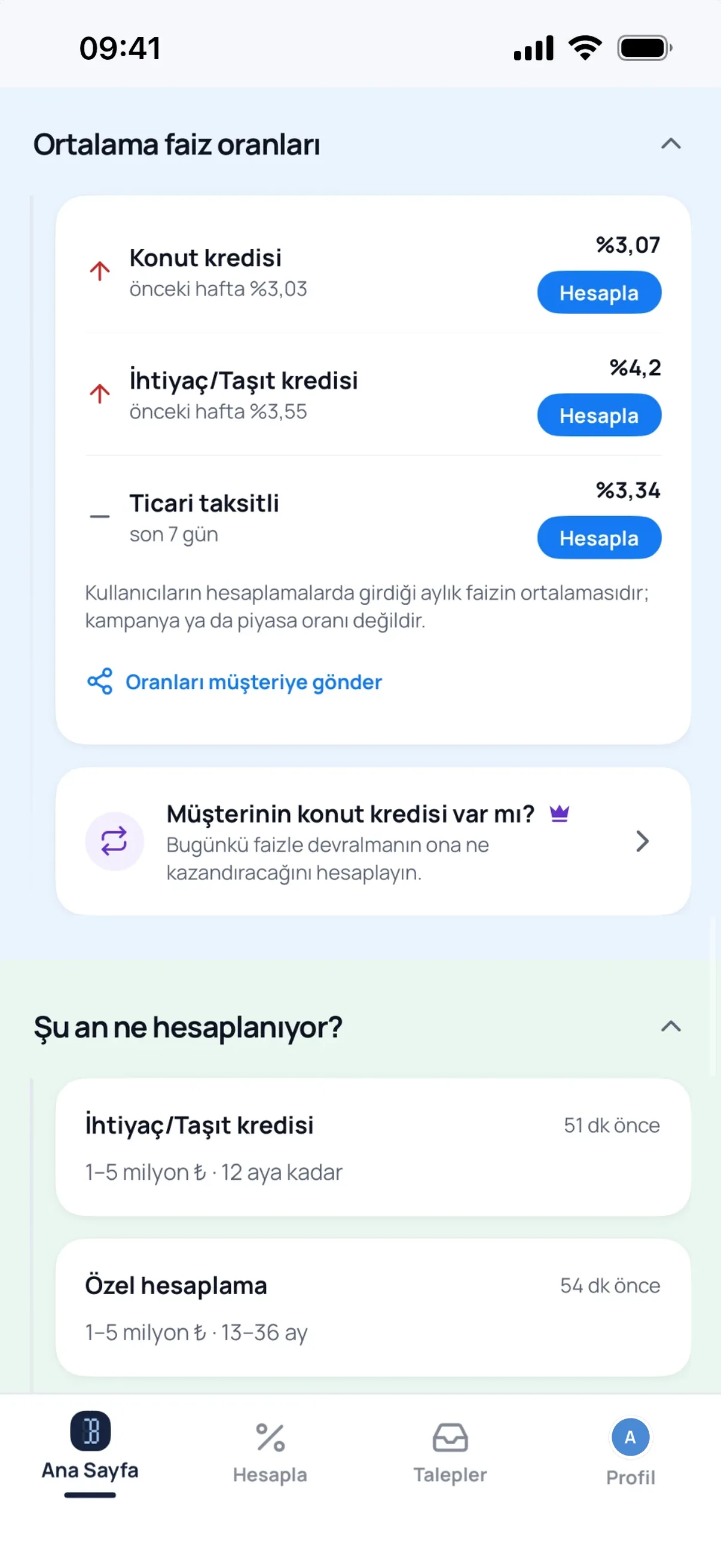 Bankacı uygulamasında Ortalama faiz oranları ekranı