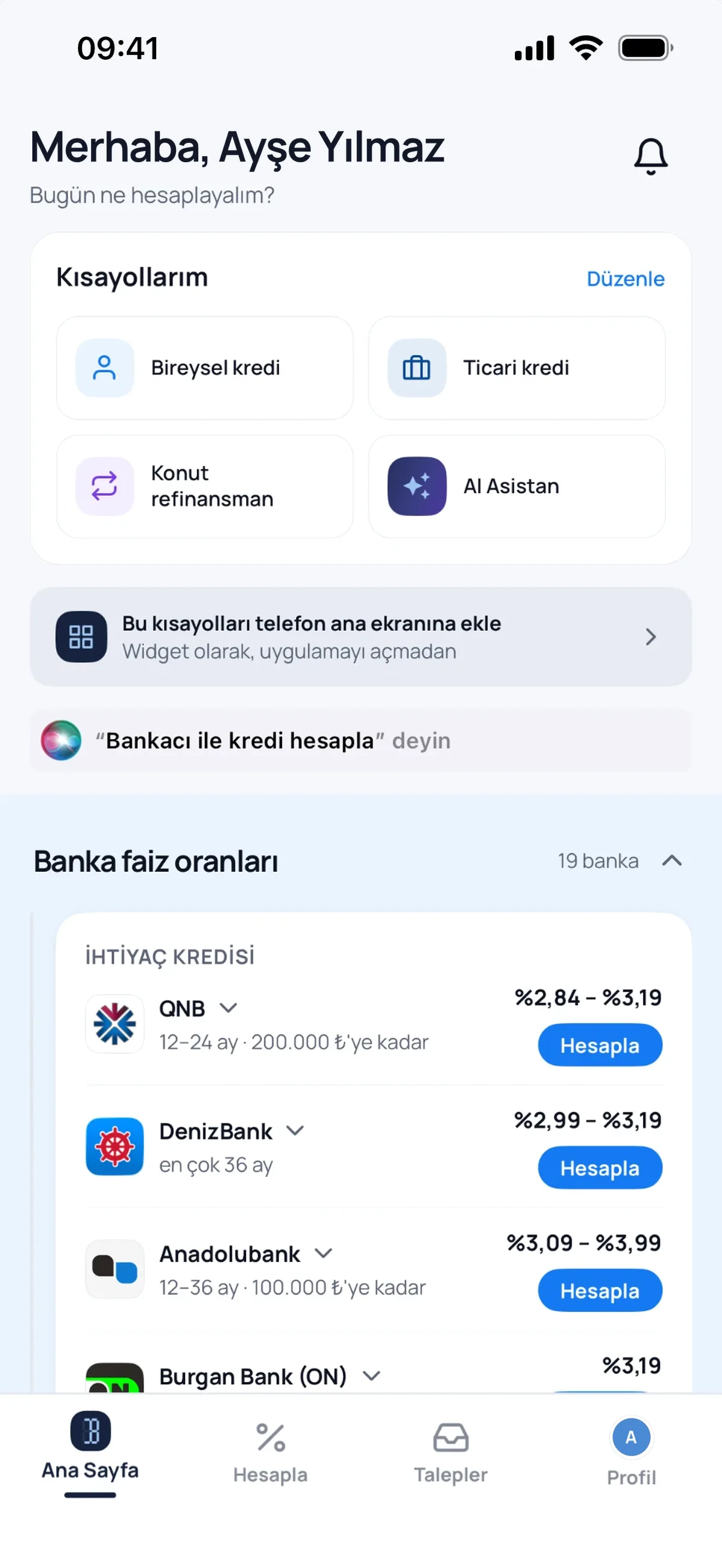 Bankacı uygulamasında Siri ile hesaplama ekranı