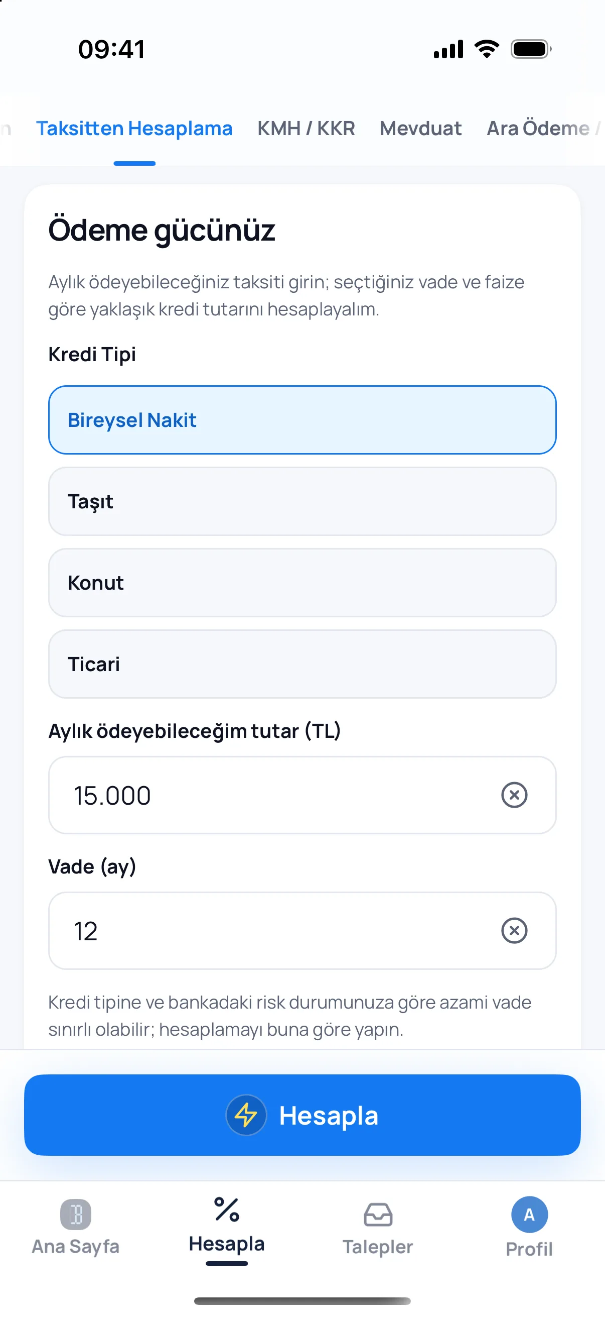 Bankacı uygulamasında Taksitten hesaplama ekranı