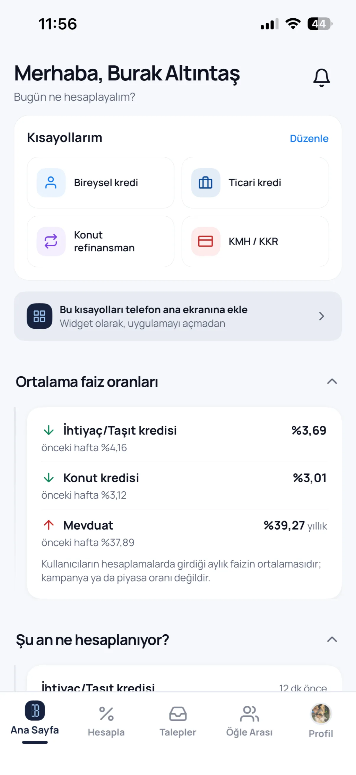 Average interest rates screen in the Bankacı app
