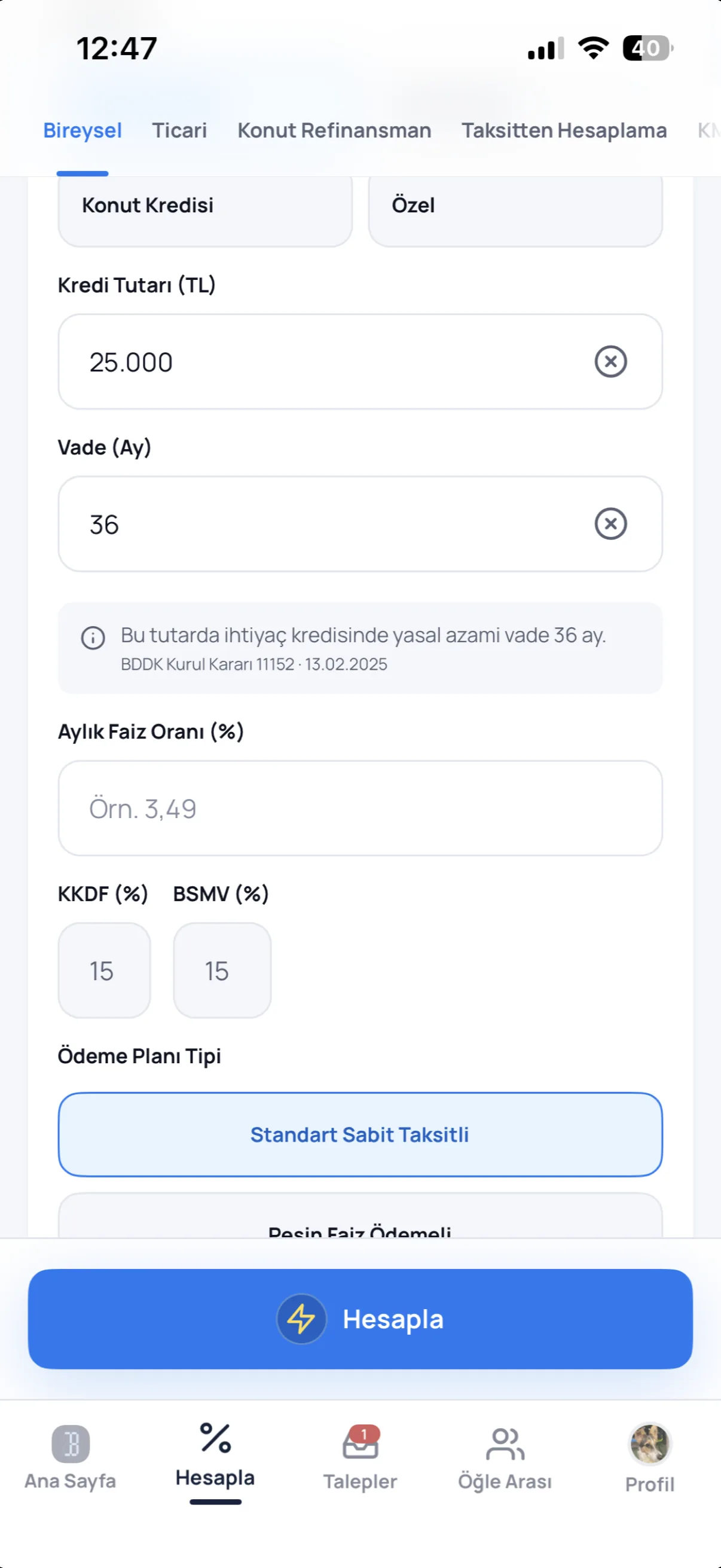 Personal / business loans screen in the Bankacı app