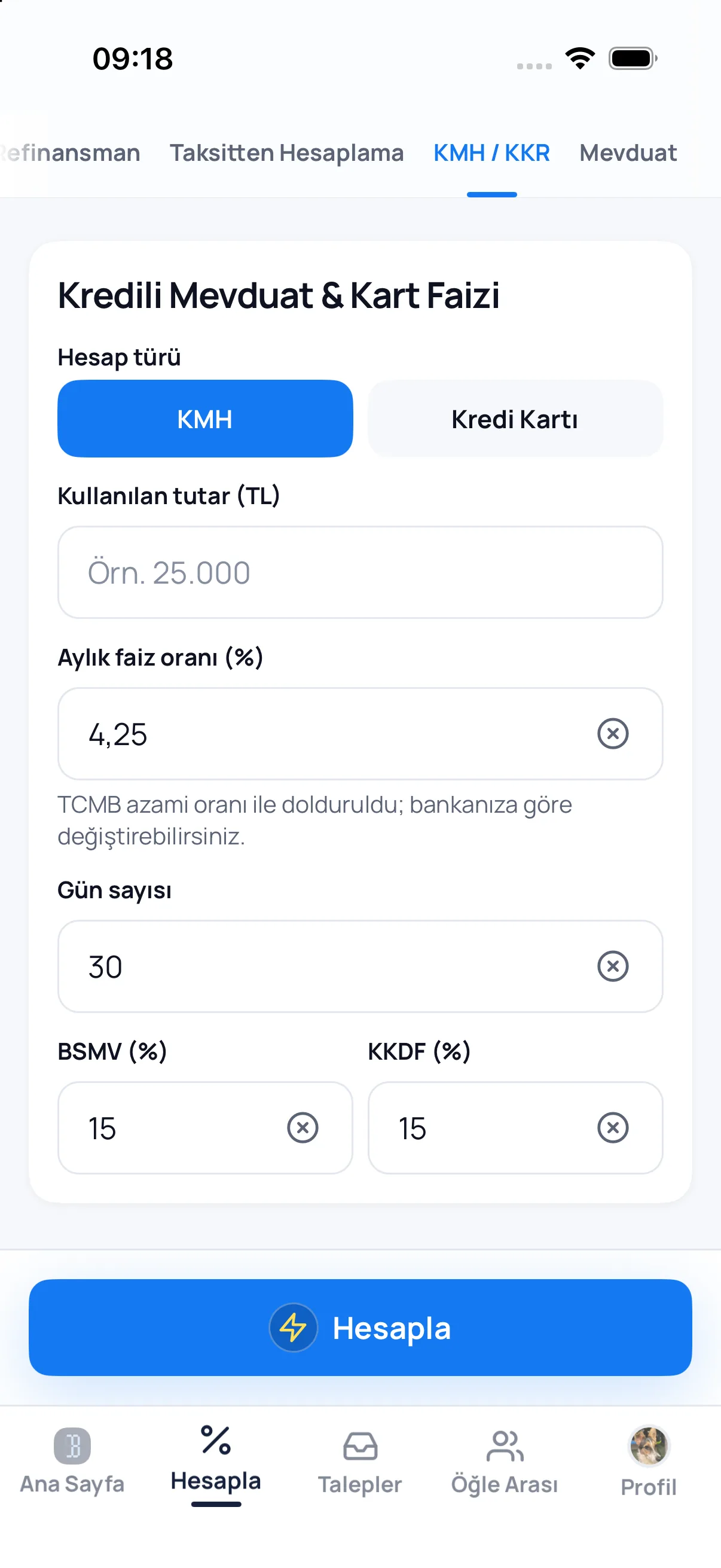 Overdraft and credit card screen in the Bankacı app