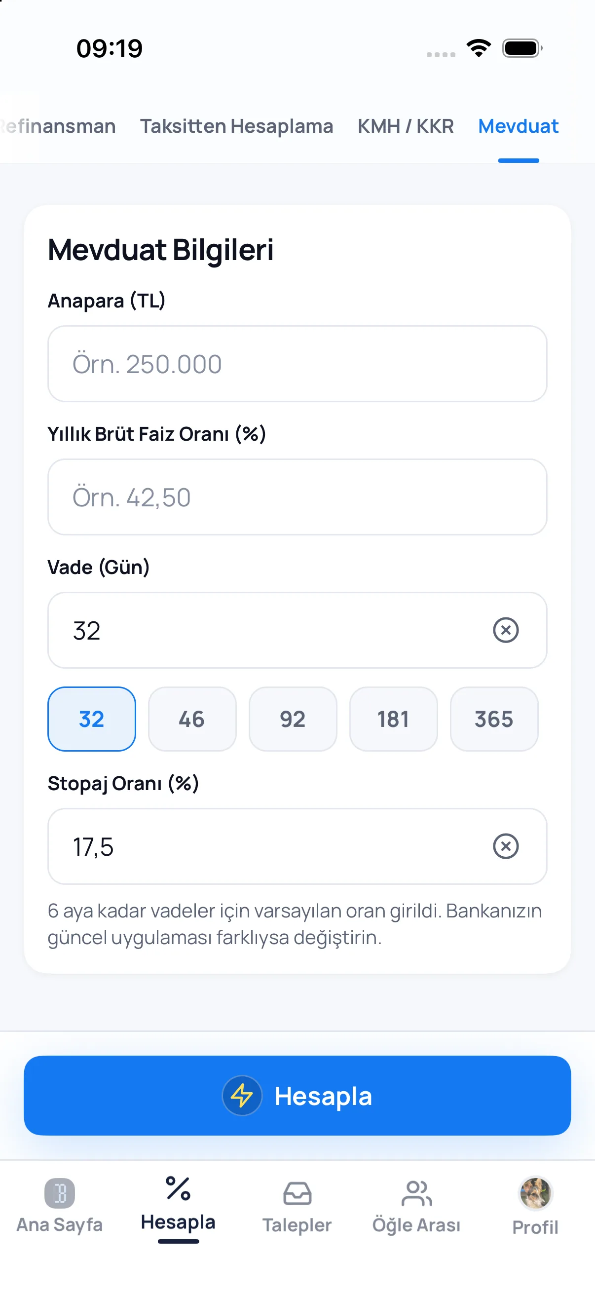 Deposit calculator screen in the Bankacı app