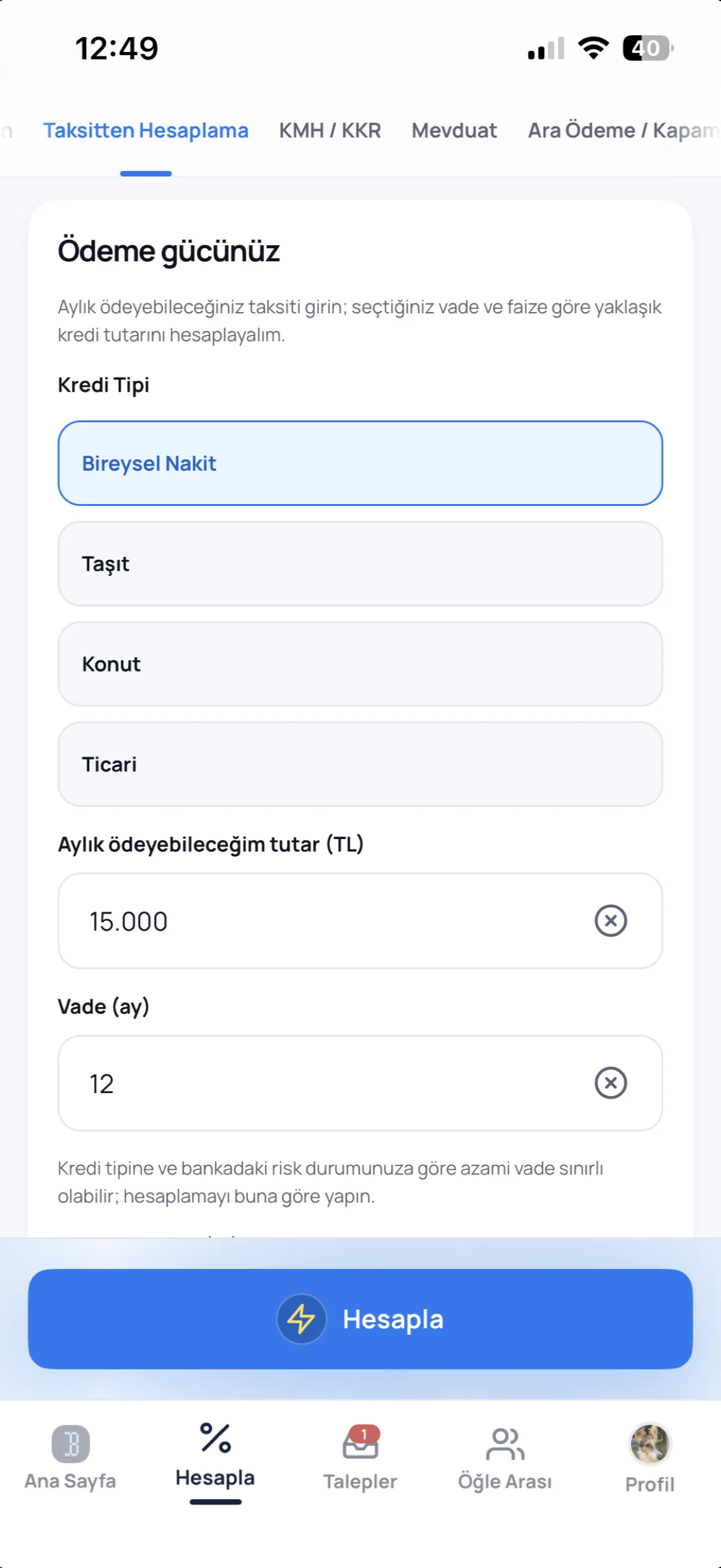 Start from the instalment screen in the Bankacı app