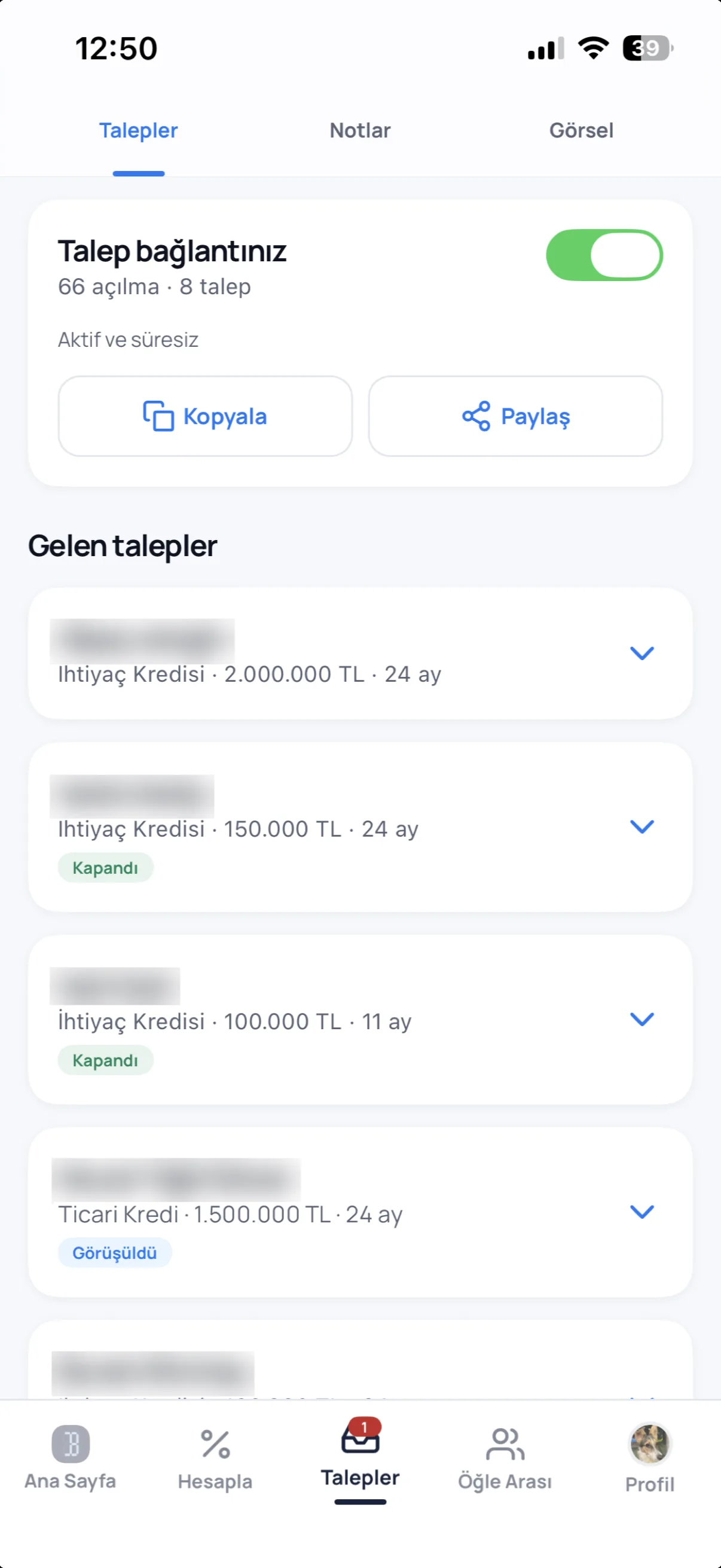 Requests screen in the Bankacı app