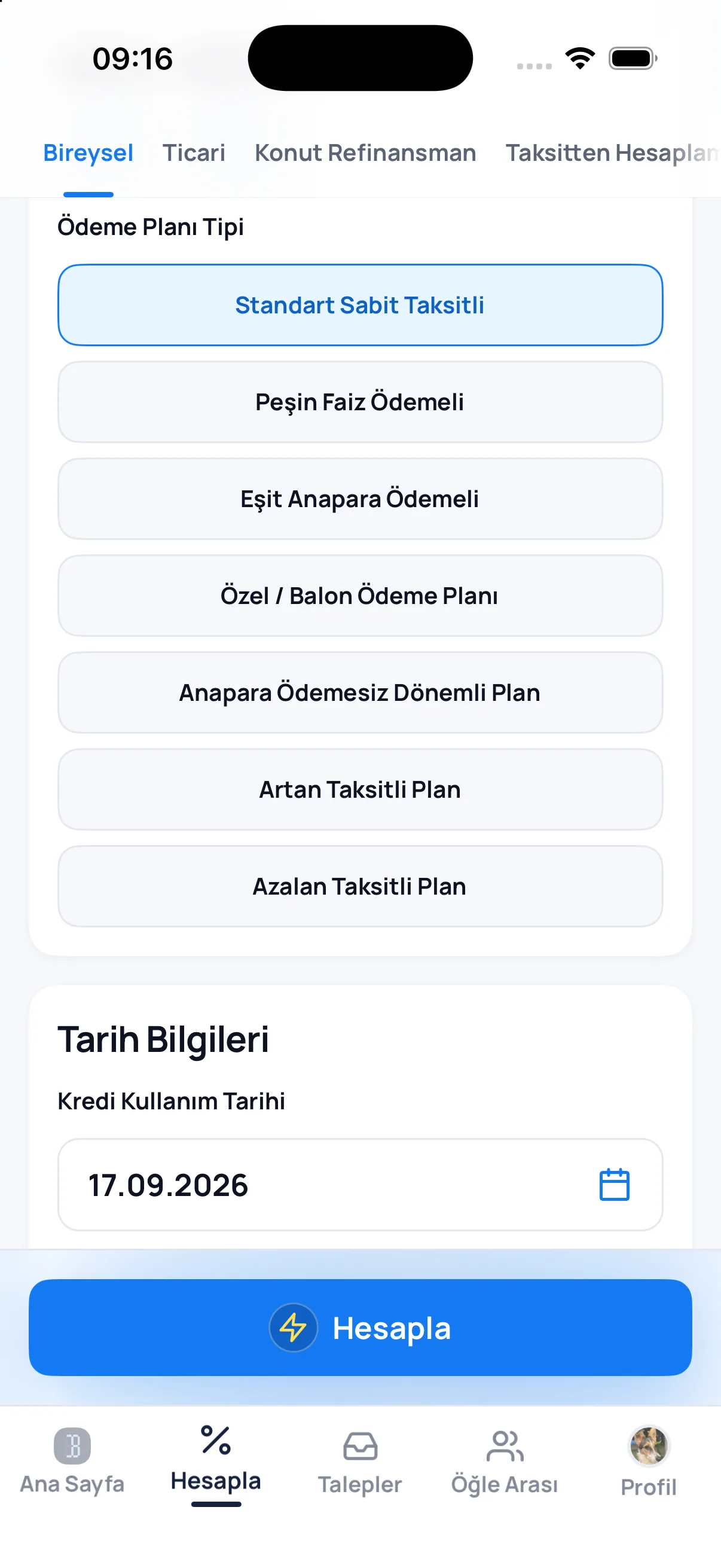 7 payment plans screen in the Bankacı app